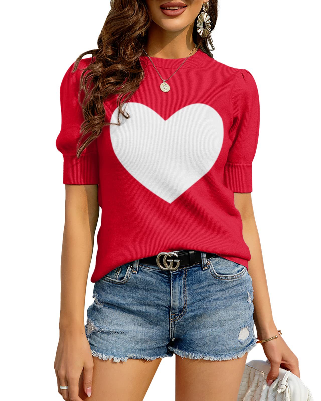 Womens Puff  Sweaters Pullover Shirt Tops Crew Neck  Knit Sweater Blouses